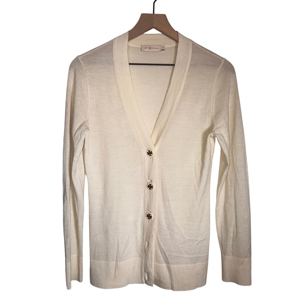 TORY BURCH merino wool designer classic preppy cream button up cardigan S